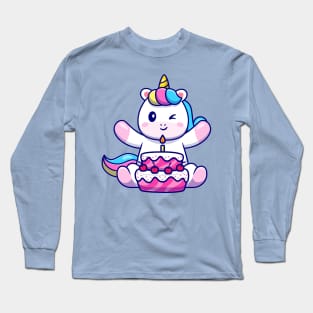 Cute Unicorn With Birthday Cake Cartoon Long Sleeve T-Shirt